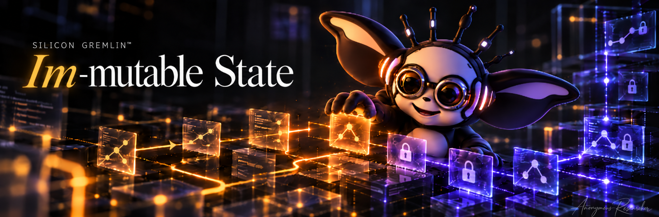 Im-mutable State title artwork showing the Silicon Gremlin beside a series of illuminated state diagrams.