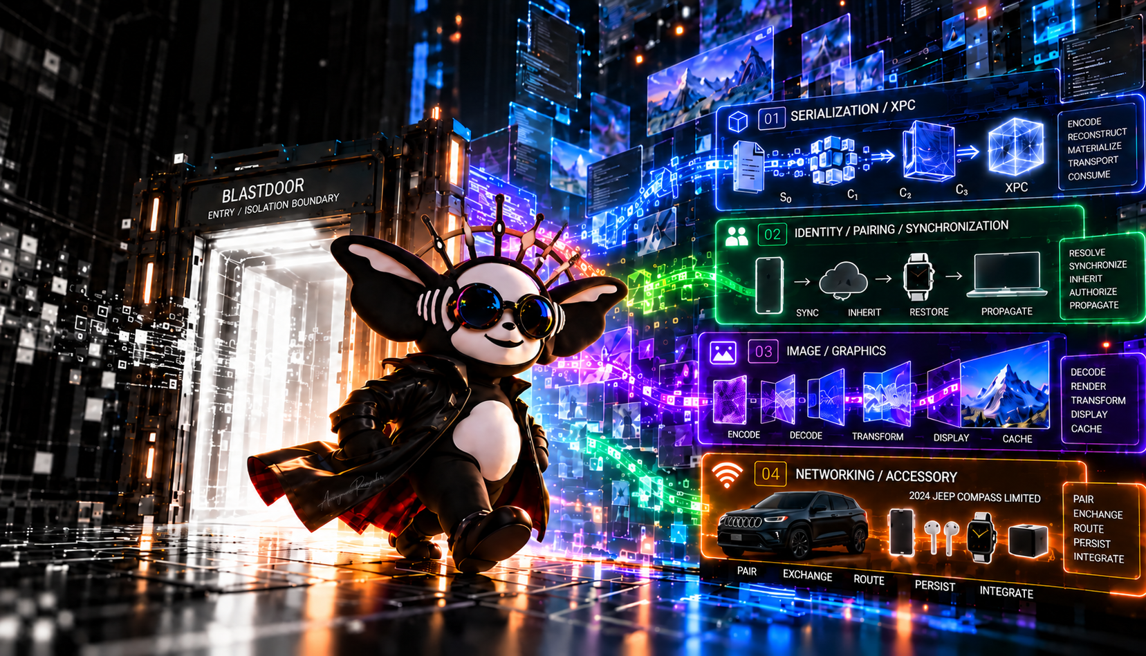 PASTDOOR illustration: a gremlin emerges from the BlastDoor gate into serialization, identity, graphics, and accessory service domains.