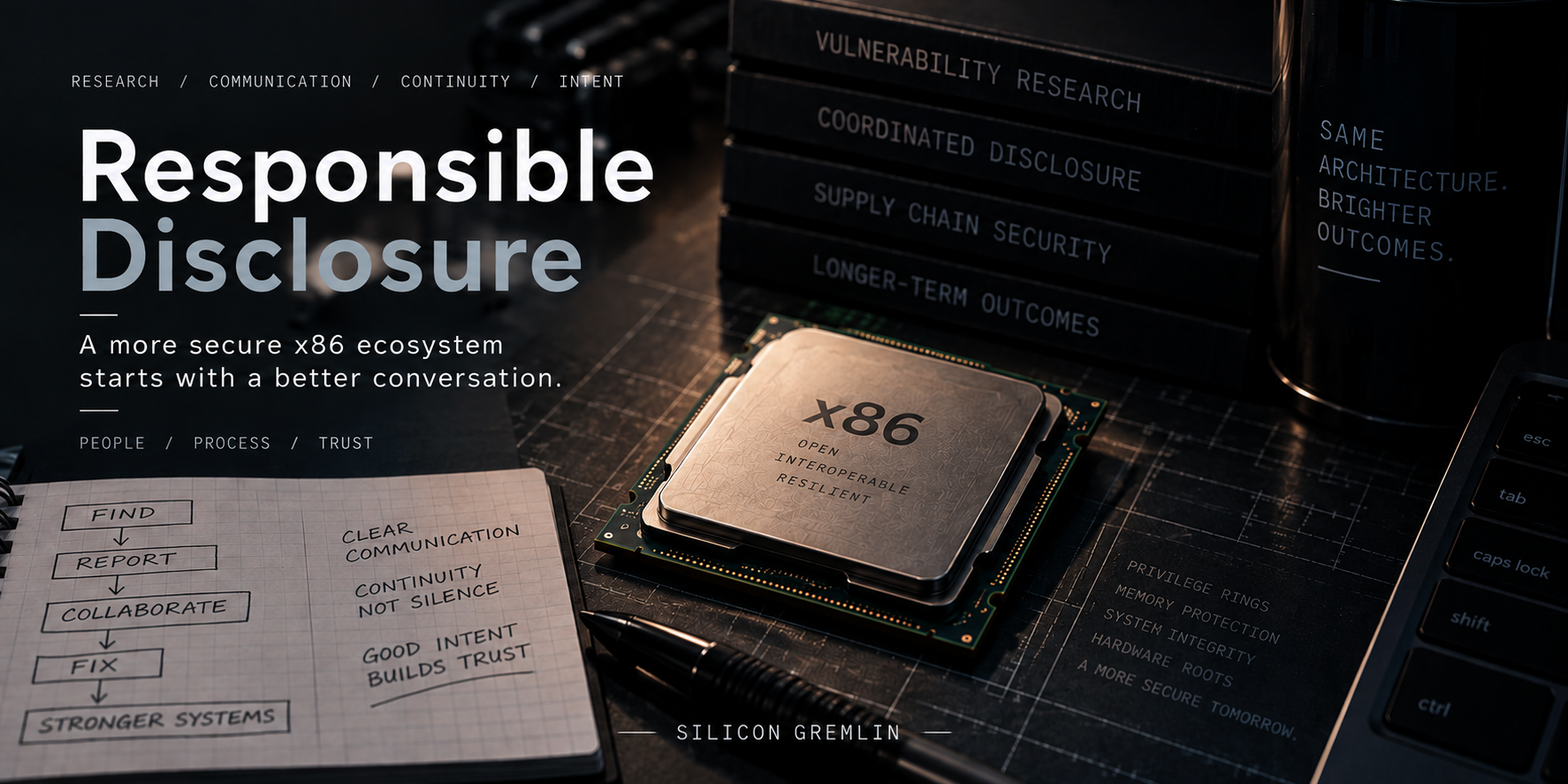 Responsible Disclosure hero image showing an x86 processor on a technical workbench surrounded by notes about research, communication, continuity, intent, and coordinated disclosure.