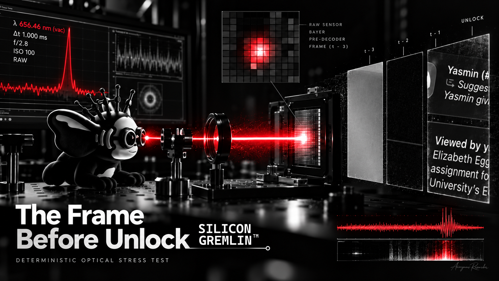 The Frame Before Unlock hero image: a monochrome optical bench scene with a red 656.46 nanometer beam, sensor pipeline frames, and Silicon Gremlin branding.